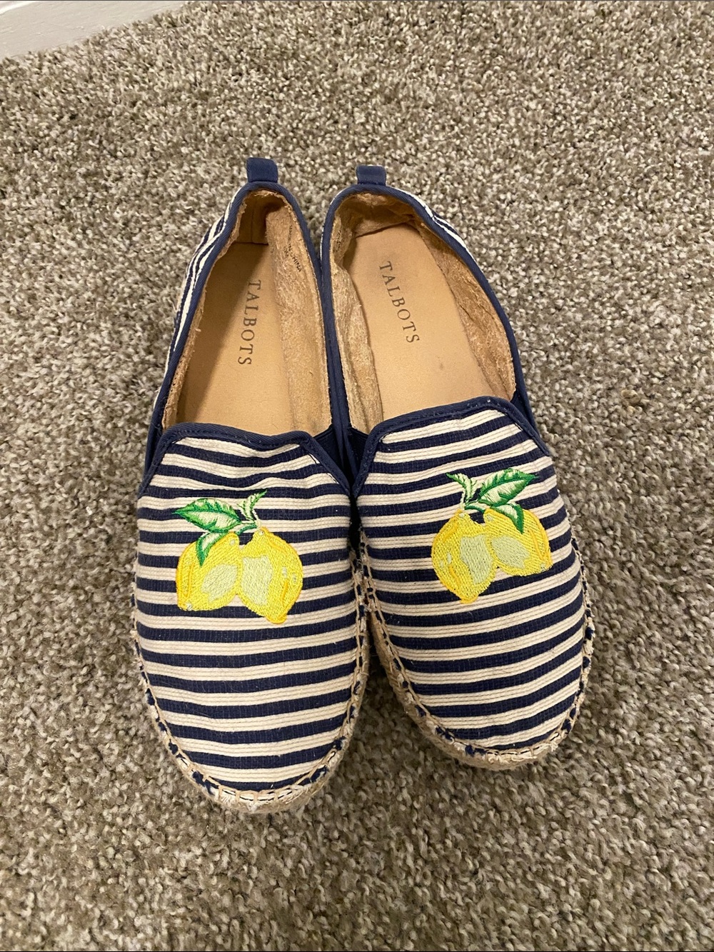 Talbots Navy and White Striped Espadrilles with Yellow Lemon Embroidery